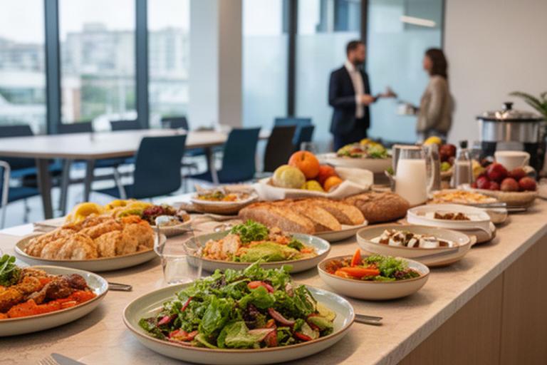Tavolo buffet allestito in un ufficio di Catanzaro durante una pausa pranzo aziendale