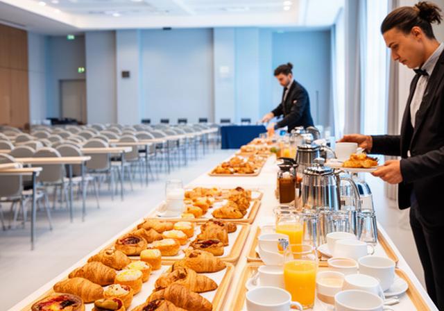 Allestimento di un coffee break in una sala congressi di Catanzaro con vassoi ordinati e personale al servizio
