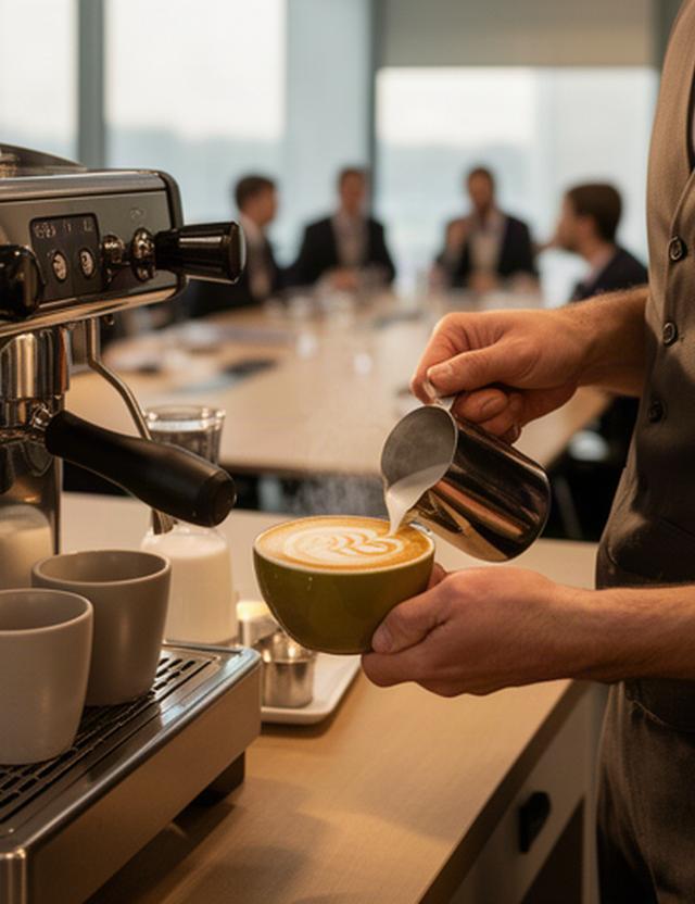Barista che prepara un cappuccino con latte art accanto a una macchina espresso durante un meeting aziendale