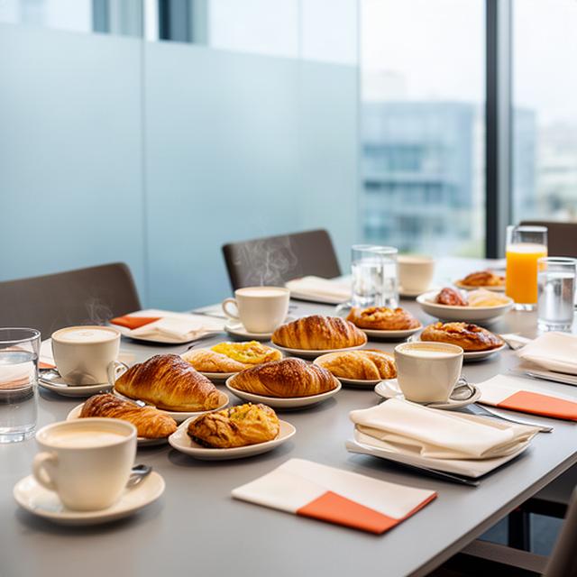 Tavolo apparecchiato con brioche artigianali e caffè in una luminosa sala riunioni aziendale