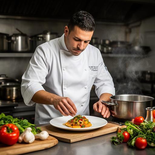 Chef calabrese mentre prepara un piatto stagionale in una cucina professionale