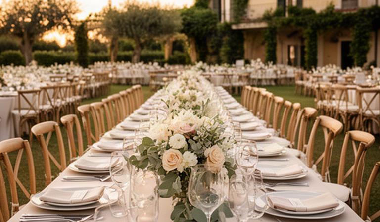 Allestimento di un matrimonio in villa vicino Catanzaro con tavoli lunghi e fiori chiari