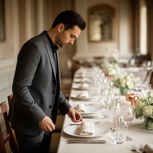 Responsabile di sala che controlla una mise en place elegante prima di un ricevimento