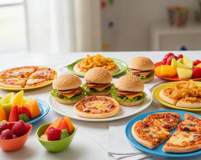 Menu per bambini durante una festa di compleanno in casa, con mini hamburger, pizzette e frutta colorata